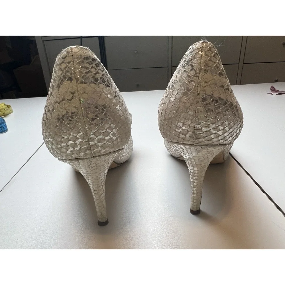 Kate Spade Peep Toe Pumps Women Leather Snakeskin Bow Heels Silver Cream 8B